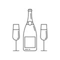 Champagne wine bottle outline icon with two glasses. Line silhouette. New Year, wedding celebration symbol. Vector illustration. Royalty Free Stock Photo